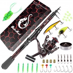 QudraKast 180cm Telescopic Fishing Rod Combo – Carbon Fiber Rod, Reel & Tackle Box | X-Warping Design for Beginners (Red)