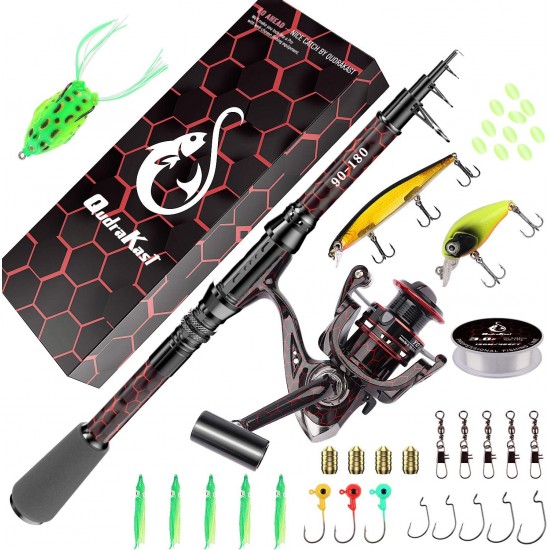 QudraKast 180cm Telescopic Fishing Rod Combo – Carbon Fiber Rod, Reel & Tackle Box | X-Warping Design for Beginners (Red) QudraKast 180cm Telescopic Fishing Rod Combo – Carbon Fiber Rod, Reel & Tackle Box | X-Warping Design for Beginners (Red)