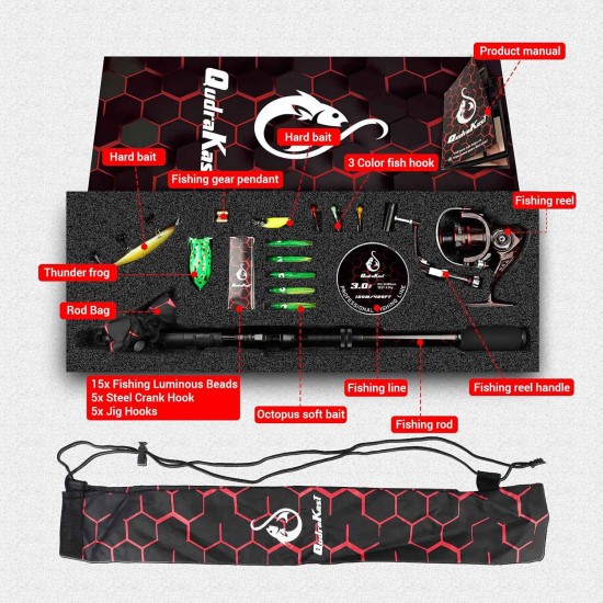 QudraKast 180cm Telescopic Fishing Rod Combo – Carbon Fiber Rod, Reel & Tackle Box | X-Warping Design for Beginners (Red) QudraKast 180cm Telescopic Fishing Rod Combo – Carbon Fiber Rod, Reel & Tackle Box | X-Warping Design for Beginners (Red)