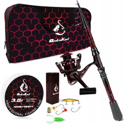 QudraKast 180cm Telescopic Fishing Rod Combo Set-Carrier Bag – Carbon Fiber Rod, Reel & Tackle Box | X-Warping Design for Beginners (Red)