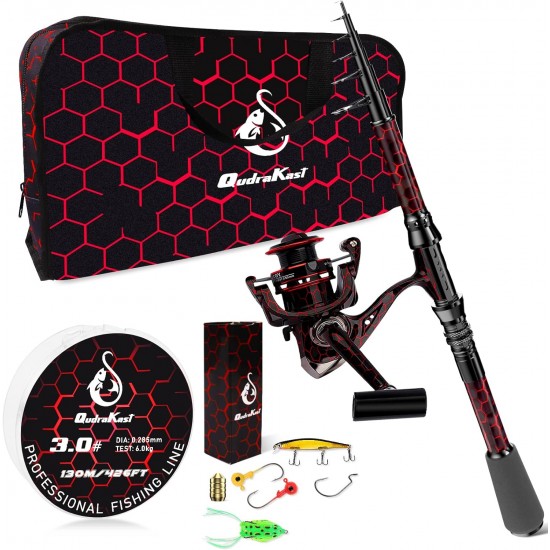 QudraKast 180cm Telescopic Fishing Rod Combo Set-Carrier Bag – Carbon Fiber Rod, Reel & Tackle Box | X-Warping Design for Beginners (Red) QudraKast 180cm Telescopic Fishing Rod Combo Set-Carrier Bag – Carbon Fiber Rod, Reel & Tackle Box | X-Warping Design for Beginners (Red)